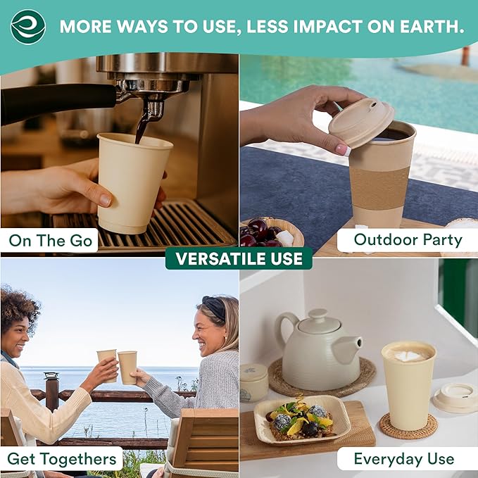 ECO SOUL 100% Compostable Plant-Based 12oz Hot Cups | (100 Count, 12 oz Hot Cups) | Disposable Bagasse Paper Cups | Eco-friendly Cups | Sturdy, Microwave & Oven Safe