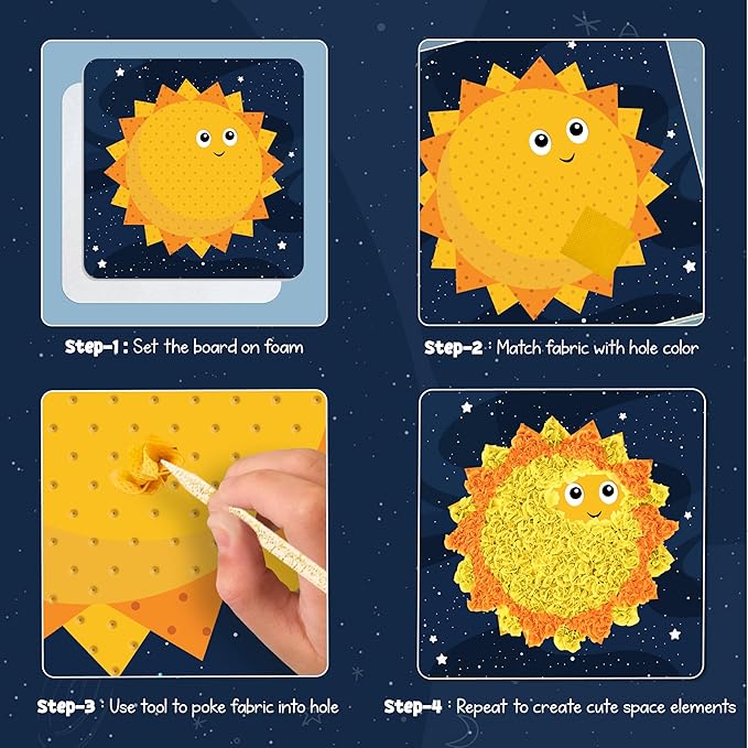 jackinthebox Poke Poke Art for Kids – Space Theme, Mess-Free Fabric Art and Craft, Flower Pressing Kits, Gift for Kids, Toys for Girls and Boys Ages 4 5 6 7 8
