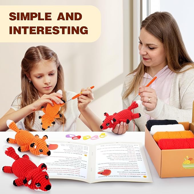 Crochet Kit for Beginners - 2 PCS Fox Crochet Kits with Step-by-Step Video Tutorials, Beginner Crochet Kit for Adults, Crochet Animal Kit for Kids, Crochet Fox Set (Orange & Red)