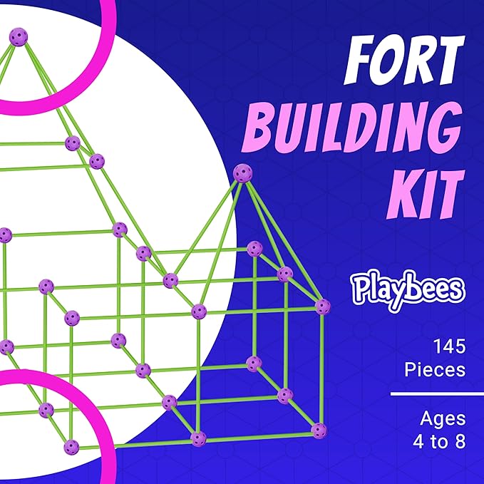 Playbees Fort Building Kit with Rods and Connectors- 145 Pieces - Ages 4-8, 8-12 STEM Building Toy, Construction Set for Kids, Indoor Outdoor Play Tent, DIY Castle, Birthday Gift