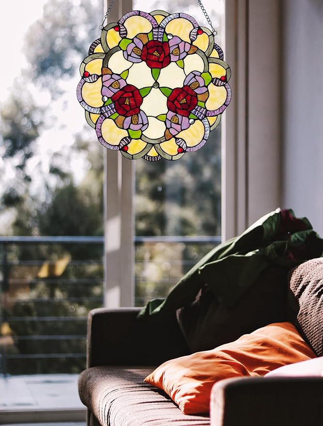 PA0001 Rose Flowers Stained Glass Window Panel W 16" x H 16" Window Suncatcher Tiffany Style Ornament, Home Hanging Decorations