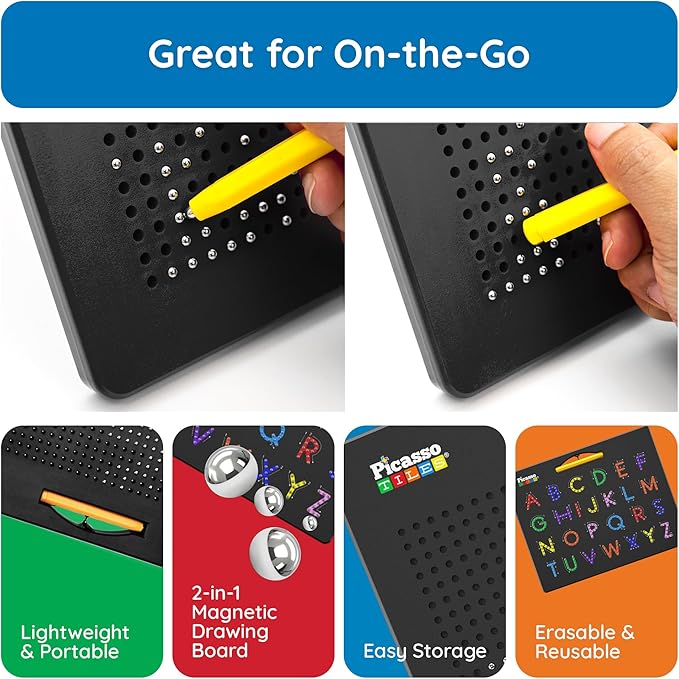 PicassoTiles 2in1 Magnetic Drawing Board Toy 12x10 In Large Magnet Bead Pad with Alphabet and Math Side in Black STEM Educational Writing Playboard Reusable Erasable Learning Tablet for Kids PTB02-BLK