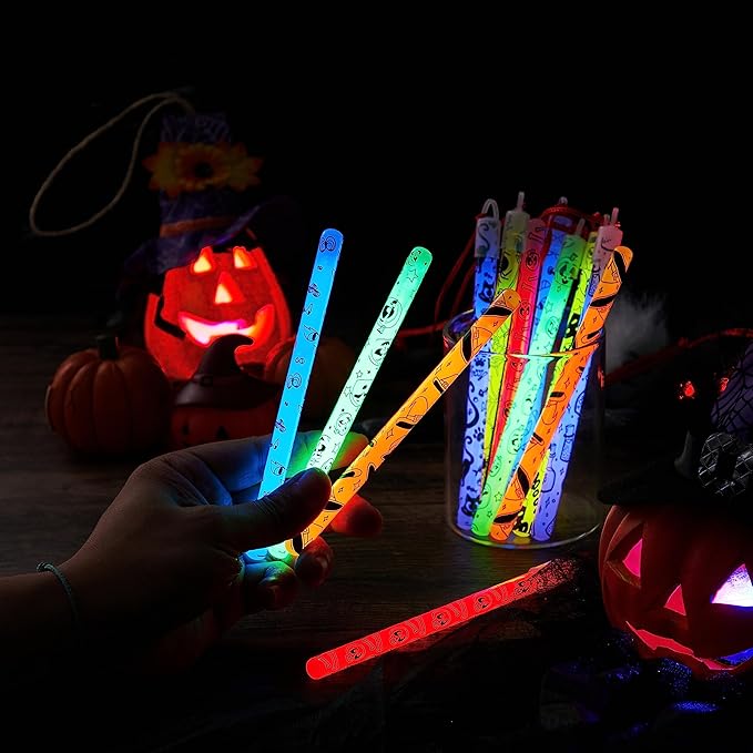 JOYIN 24 Pcs Halloween Glow Stick Hanging Wands in 8 Different Pattern Designs and 6 Colors for Kids Party Favors, Halloween Party Supplies, Glow in the Dark, Goodies Bags Fillers, Non Candy Treats