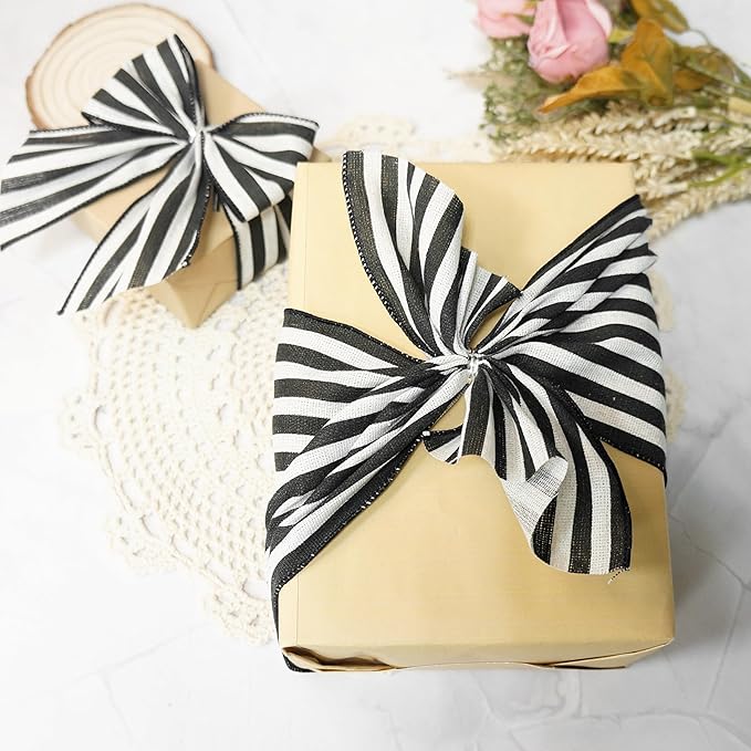 CT CRAFT LLC Striped Canvas Cotton Ribbon 6" x 10 Yards Ivory/Black Stripes for Thanksgiving Christmas Home Décor Gift Wrapping Outdoor Tree Topper Bow Wreath