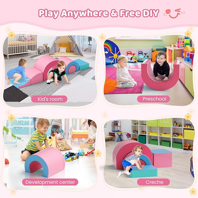 Lischwert Foam Climbing Blocks, Soft Climbing Toys for Toddlers, 5 Pieces Crawl and Climb Foam Playset with Foldable Block and Tunnel, Indoor Climber Activity Play Set for Kids Age 1+(Pink Blue)