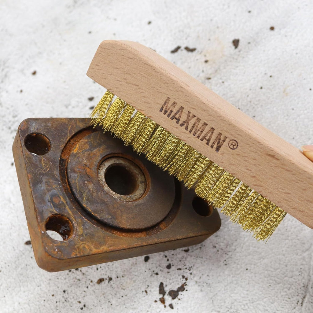 MAXMAN Brass Brush, Soft Brass Bristle Brush, Wire Brushes for Cleaning Metal Rust, Welds with 10" Beechwood Handle, 2 Pcs