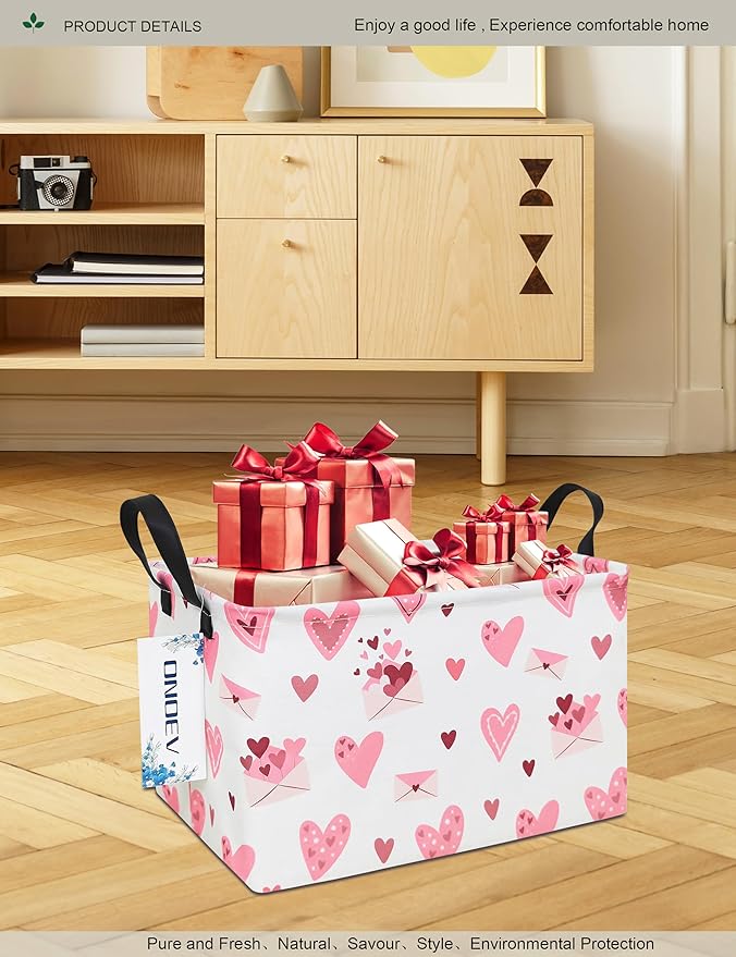 Rectangular Folding Laundry Basket,waterproof Canvas Basket,gift basket,Suitable for children's room,Office,Clothes,Toys Storage(Pink Love)