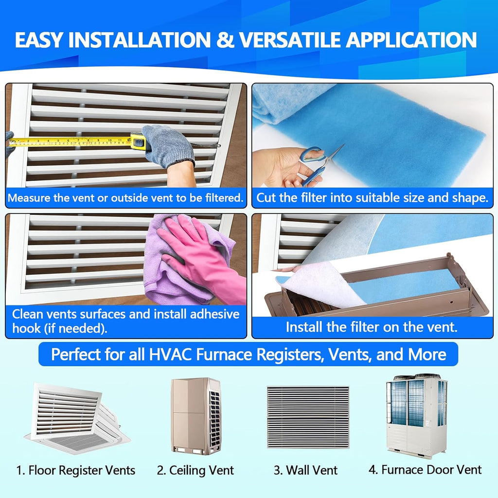 16" x120" Air Vent Filters, Cut to Fit Air Filter (65+ Filters), MERV 8 Triple Vent Filter for Home Floor, Ceiling, RV, HVAC Furnace Vents, With Adhesive Hook Tape and Installation Tape