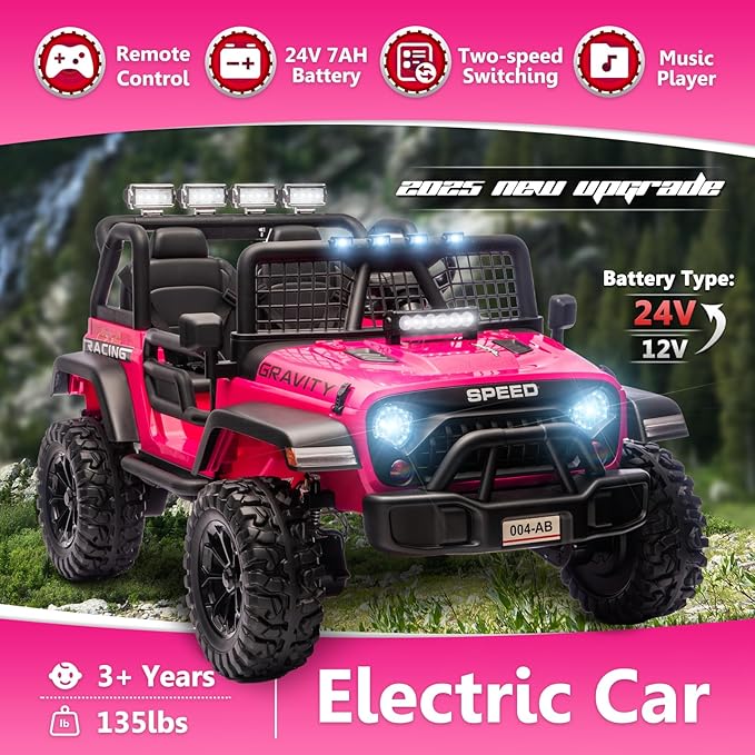 Sopbost 24V 7Ah 2 Seater Ride On Truck Ride On Toy for Big Kids Ride On Car with Remote Control Off-Road Electric Car with Shock Absorber, LED Lights, Bluetooth Music Player, EVA Tires, Pink