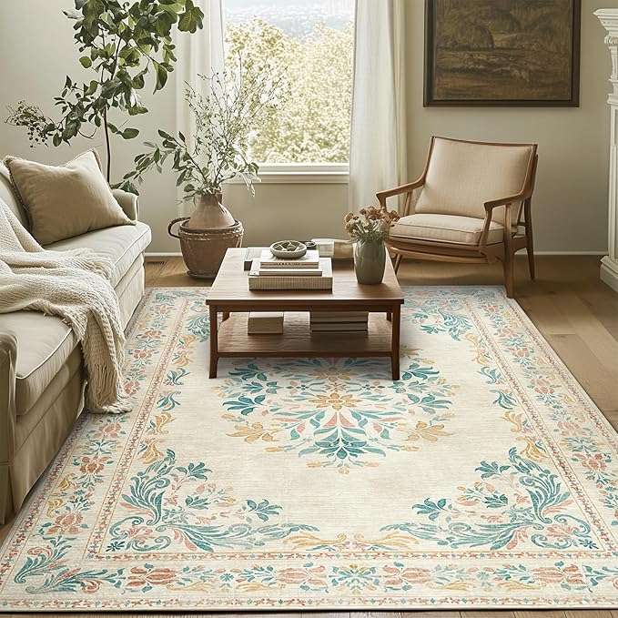 jinchan Vintage Floral 8x10 Area Rugs for Living Room - Machine Washable Distressed Design Soft Throw Rug Thin Non-Slip Large Carpet for Bedroom Nursery Dining Room Home Office(8x10ft,Apricot)