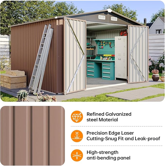 10x10 FT Metal Outdoor Storage Shed, Dual Doors with Lockable Bolts, Large Garden Shed for Yard Tools, Bike, Generator, Waterproof Galvanized Steel Panel with Vent & Sloping Roof (Brown)