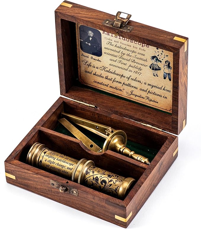 Antique Brass Kaleidoscope Gift for Kids and Adults, Vintage Collection for Birthday, Unique Gift Idea and Decor (with Stand, One)