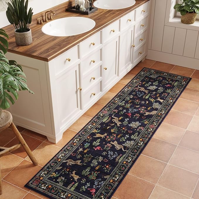 Rugcomf Runner Rug for Kitchen Rug Non Slip 2'x6' Washable Rugs with Rubber Backing Soft Floral Animal Carpet Runner for Kitchen, Laundry, Bedroom, Bathroom (Blue)