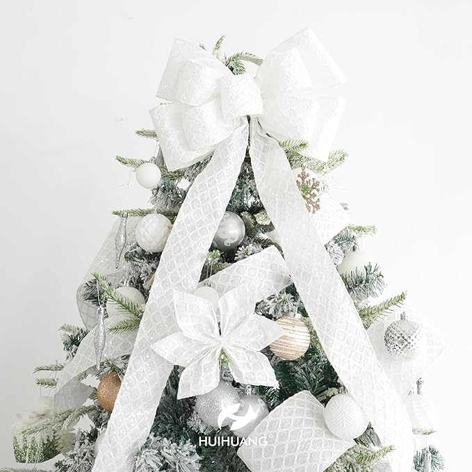 HUIHUANG White Glitter Wired Ribbon, 4 Inch x 30 Ft, Geometric Pattern, Polyester Material, Christmas Occasion