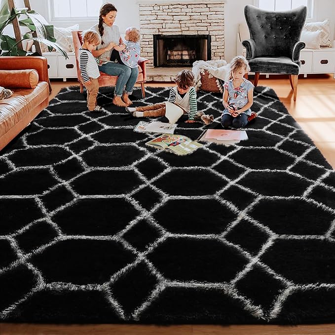 ONASAR 6x9 Area Rugs for Living Room Bedroom, Washable Large Fluffy Black and White Throw Rug, Geometric Soft Plush Shaggy Floor Carpet for Nursery Kids Girls Boys Teen Dorm Home Decor Aesthetic