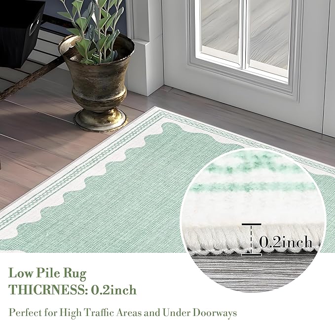 Scalloped Rug 2x6 Runners for Hallways, Solid Green Runner Rug Non Slip Scalloped Bath Runner, Washable Rugs for Bedroom Girls, Rugs for Kitchen Floor Soft Dorm Nursery Carpet for Bedside