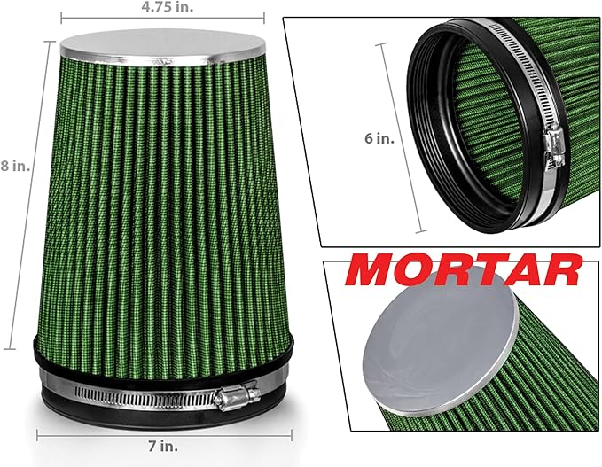 Mortar Aftermarket Auto Air Filter – 6 In Flange ID Car Enthusiast Class Universal Cold Air Intake Gulps in More Air for More Engine Power & Passionate Induction Sound, Length 8 In, Green