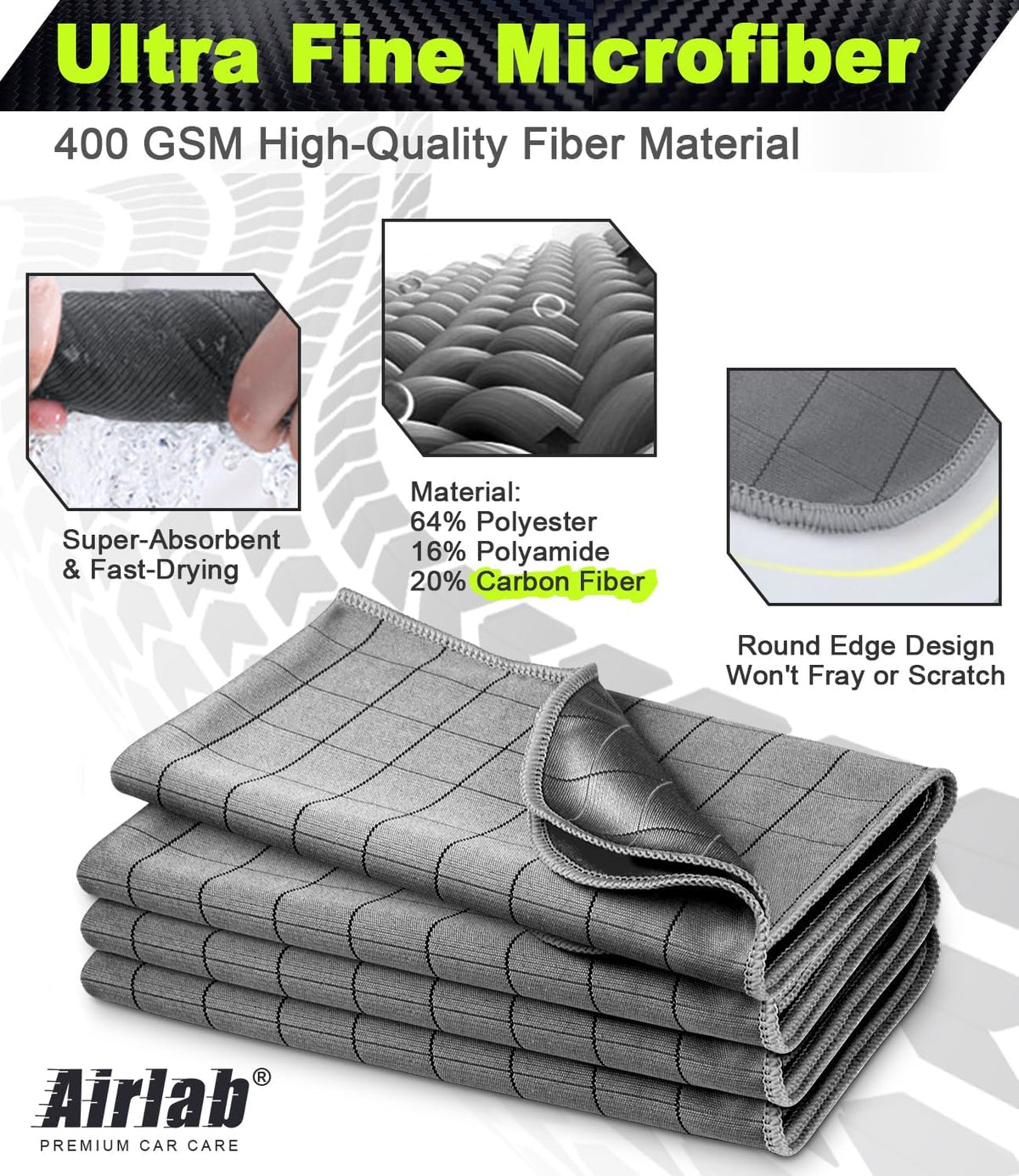 Airlab Carbon Microfiber Towels for Car Drying Window Glass Cleaner Magic Cleaning Cloth Auto Detailing Car Wipes Lint Free Rags Large Towel Interior Detailer, Pack of 4, 20" x 16", Grey