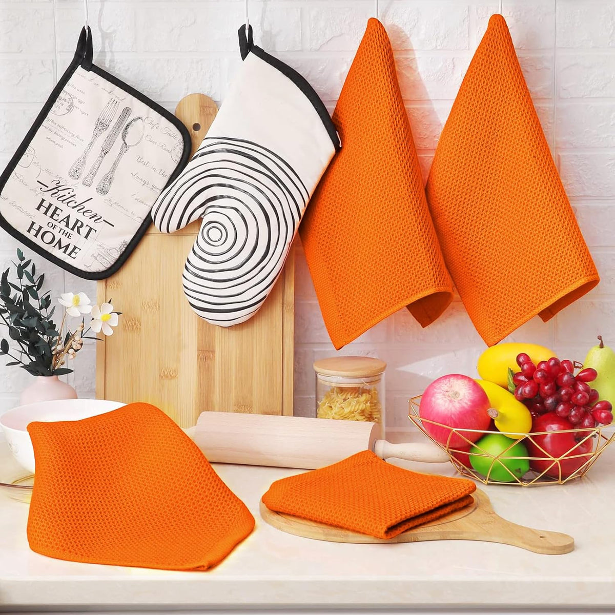 Homaxy 100% Cotton Waffle Weave Kitchen Dish Cloths, Ultra Soft Absorbent Quick Drying Dish Towels, 12 x 12 Inches, 6-Pack, Orange