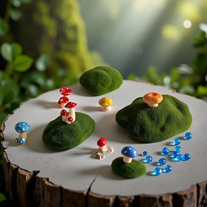 Fairy Garden Kit with 118 Pieces, Miniature Resin Figurines, Mushrooms, Bridge, Steps, Moss, Faux Flowers, Fake Fence, Crystal Gravel & Garden Accessories for DIY Fairy Gardens and Miniature Dioramas