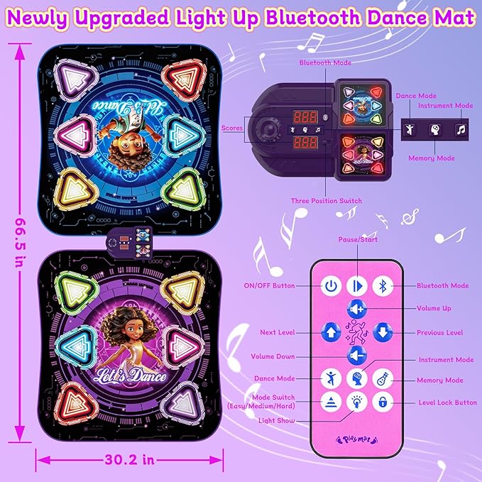 Upgraded Dance Mat for Kids, Single & Double Players Mode Electronic Dance Pad with Light-up 12-Button Wireless Bluetooth 5 Game Modes Christmas Birthday Gift for Girls Boys Ages 3 4 5 6 7 8 8-12