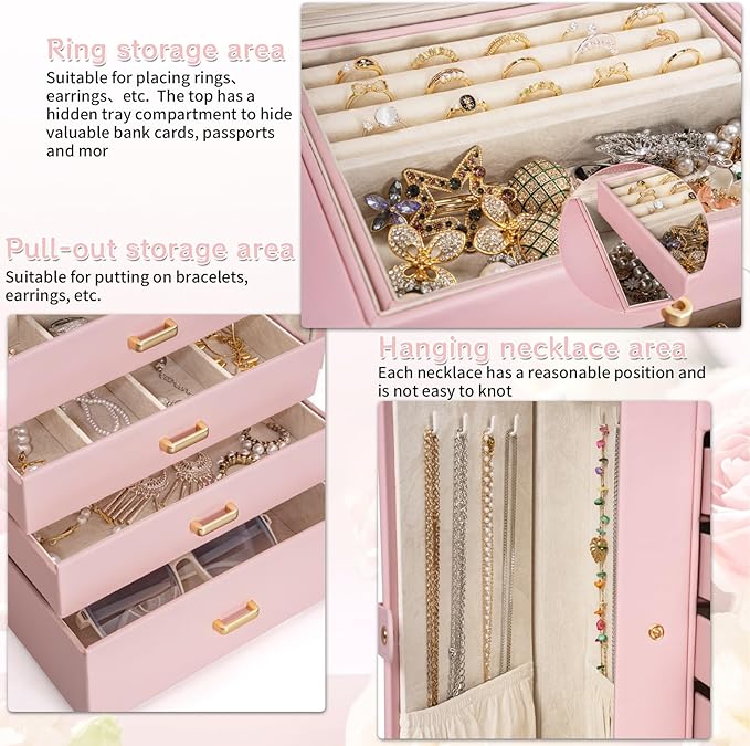 AKOZLIN Huge Jewelry Box Organizer Functional Extra Large Leather Jewelry Storage Case for Women Girls Ring Necklace Earring Bracelet Holder Organizer with Mirror