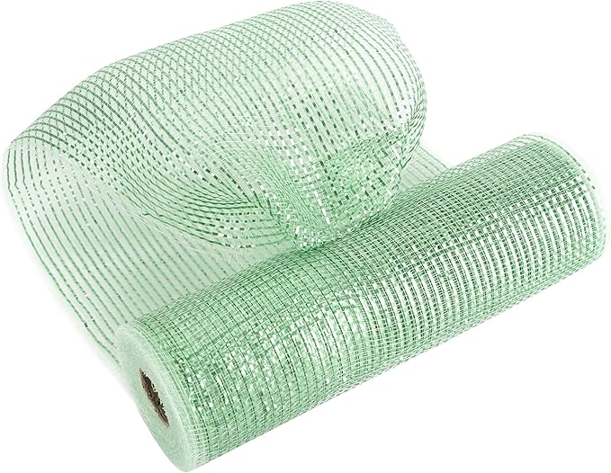 MEEDEE Sage Green Deco Mesh 10 Inch Rolls Deluxe Wide Foil Metallic Mesh Fabric Light Green Mesh Ribbon for Christmas Tree, Wreaths, Garland, Gift Wrapping, Bows Making (30 Feet)