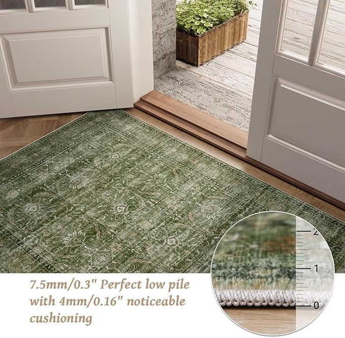 Washable 5x7 Area Rugs for Living Room, Boho Non-Slip Silicone Backing Rugs for Bedroom Dining Room Nursery Office, 0.3" Neutral Oriental Throw Carpet with 0.16" Cushioning Pad, Grass Green/Multi