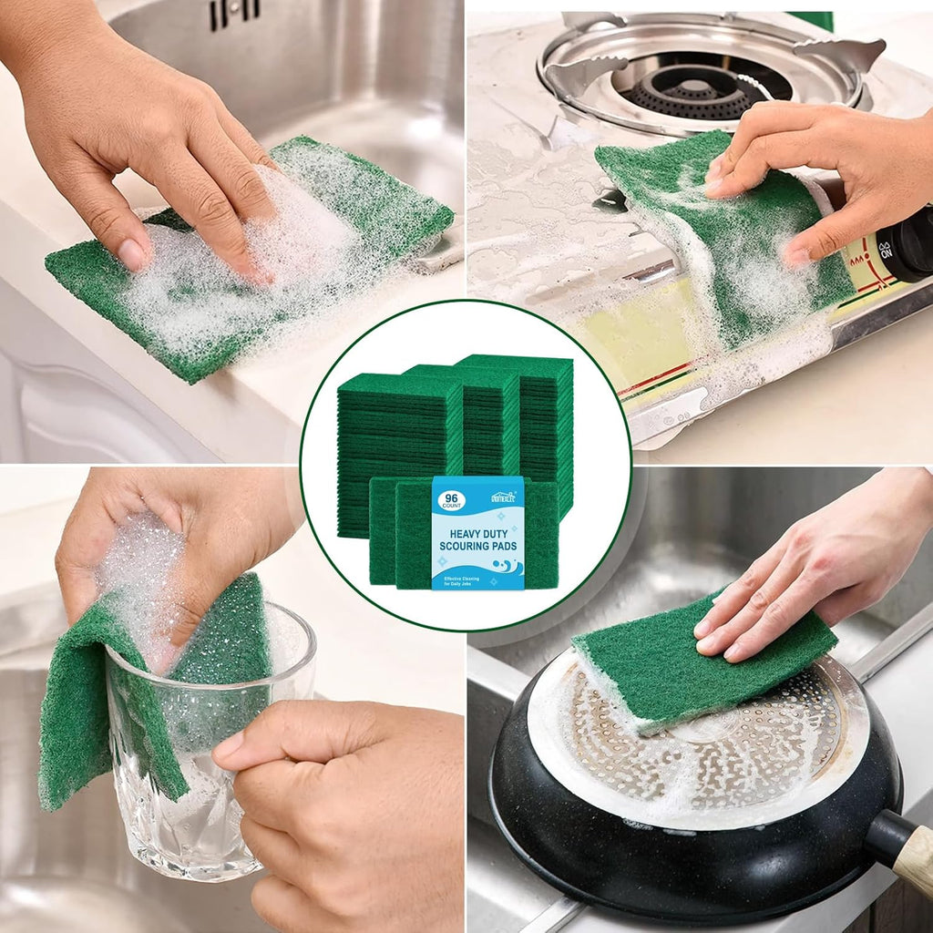 HOMEXCEL Heavy Duty Scouring Pad, 96 Pack Green Scrubbing Pads, Dish Scrubber Reusable for Cleaning, Multipurpose Scrub Pads for Household Kitchen Dishes Pots Pans & Metal Grill