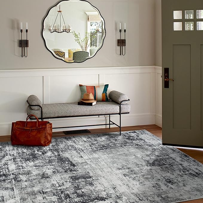 4x6 Area Rugs for Living Room Rug Washable: Modern Large Rug for Dining Room Bedroom Carpet Non Slip Low Pile 4 by 6 Indoor Abstract Nursery Home Office Black Grey