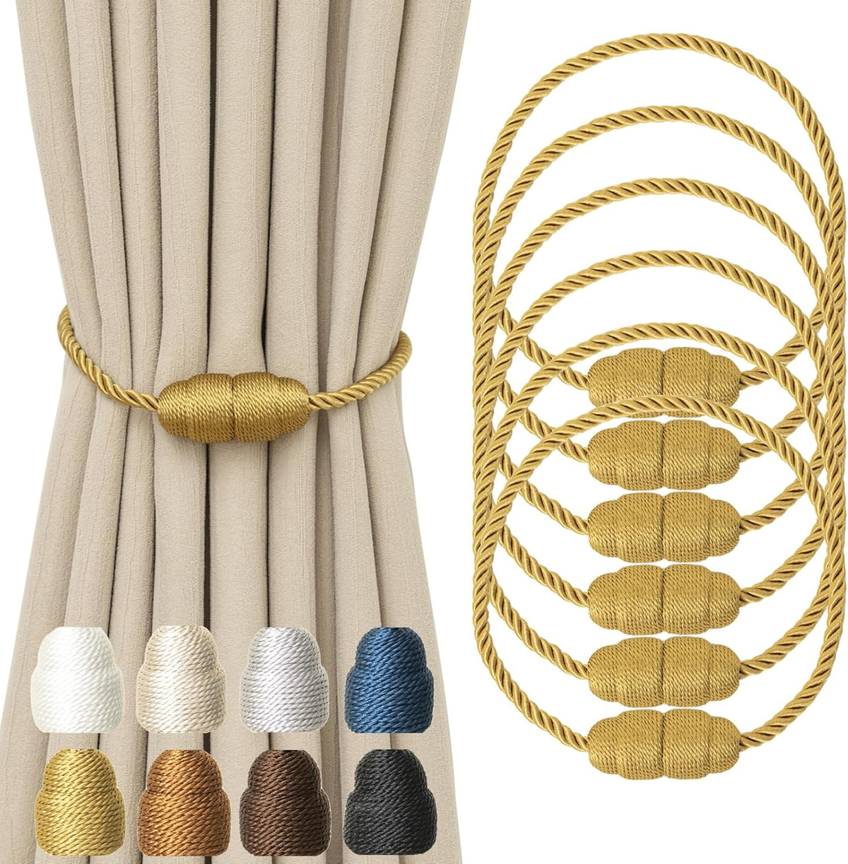 Magnetic Curtain Tiebacks Rope Curtain Tie Backs for Curtains 6 Pack Curtain Holders for Drapes Decorative Window Curtain Holdbacks, Gold