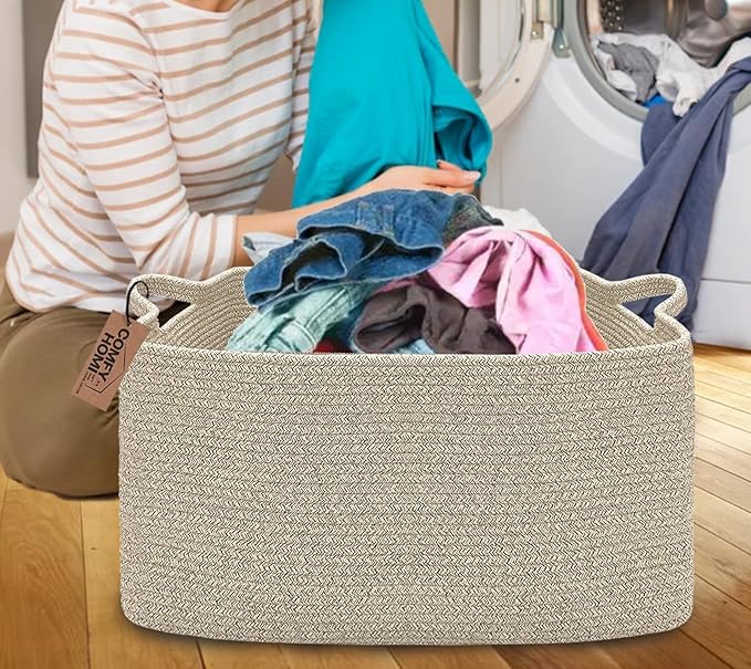 COMFY-HOMI Large Rectangular Blanket Basket, Woven Cotton Rope Baskets for Storage, Laundry Hamper Basket, Storage Bin,Toy Organizing Bin with Handle, Organization and Storage-22x15x12”-Brown