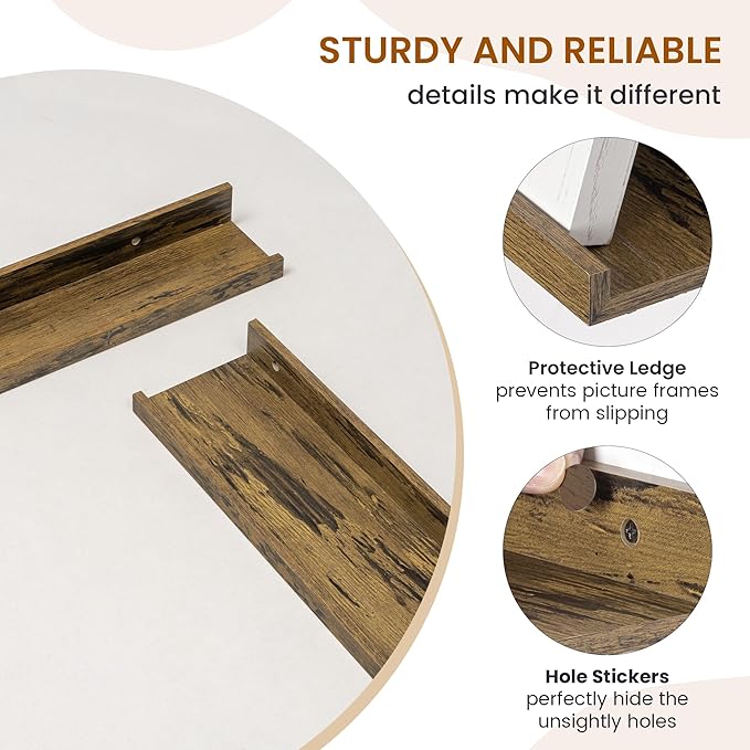 Axeman Picture Ledge Shelf, Floating Shelves for Wall Decor Set of 6, 24 inch Floating Wall Mounted Shelves, Wall Shelves with Lip for Living Room, Bedroom, Nursery, Bathroom, Kitchen, Rustic Brown