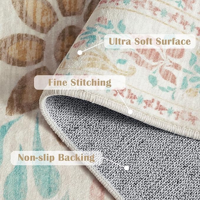 jinchan Spring Floral 2x3 Rugs for Entryway - Vintage Washable Area Rug Ultra-Thin Low Pile Soft Small Non Slip Distressed Indoor Doormat Accent for Entrance Kitchen Bedroom (2x3ft,Apricot Multi)