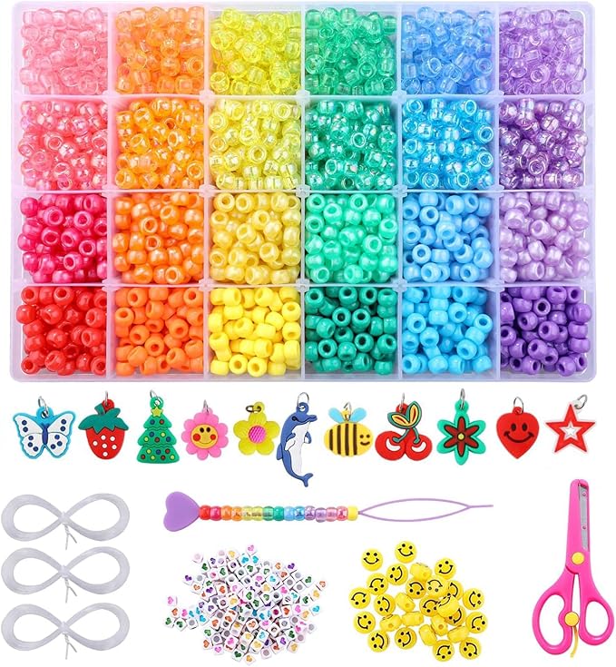 3277+pcs Pony Beads Kit 24 Color Rainbow Plastic Pony Bead Heart Beads Elastic String Kandi Bead for Braids Cute Charm DIY Crafts Jewelry Making Kit for Bracelets Necklaces