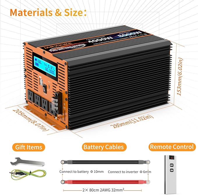 4000 Watt Pure Sine Wave Power Inverter 12V DC to 110V 120V Converter for Family RV Off Grid Solar System Car with Type-C Ports 4 AC Power Outlets Dual USB Ports LCD Display and Remote Control