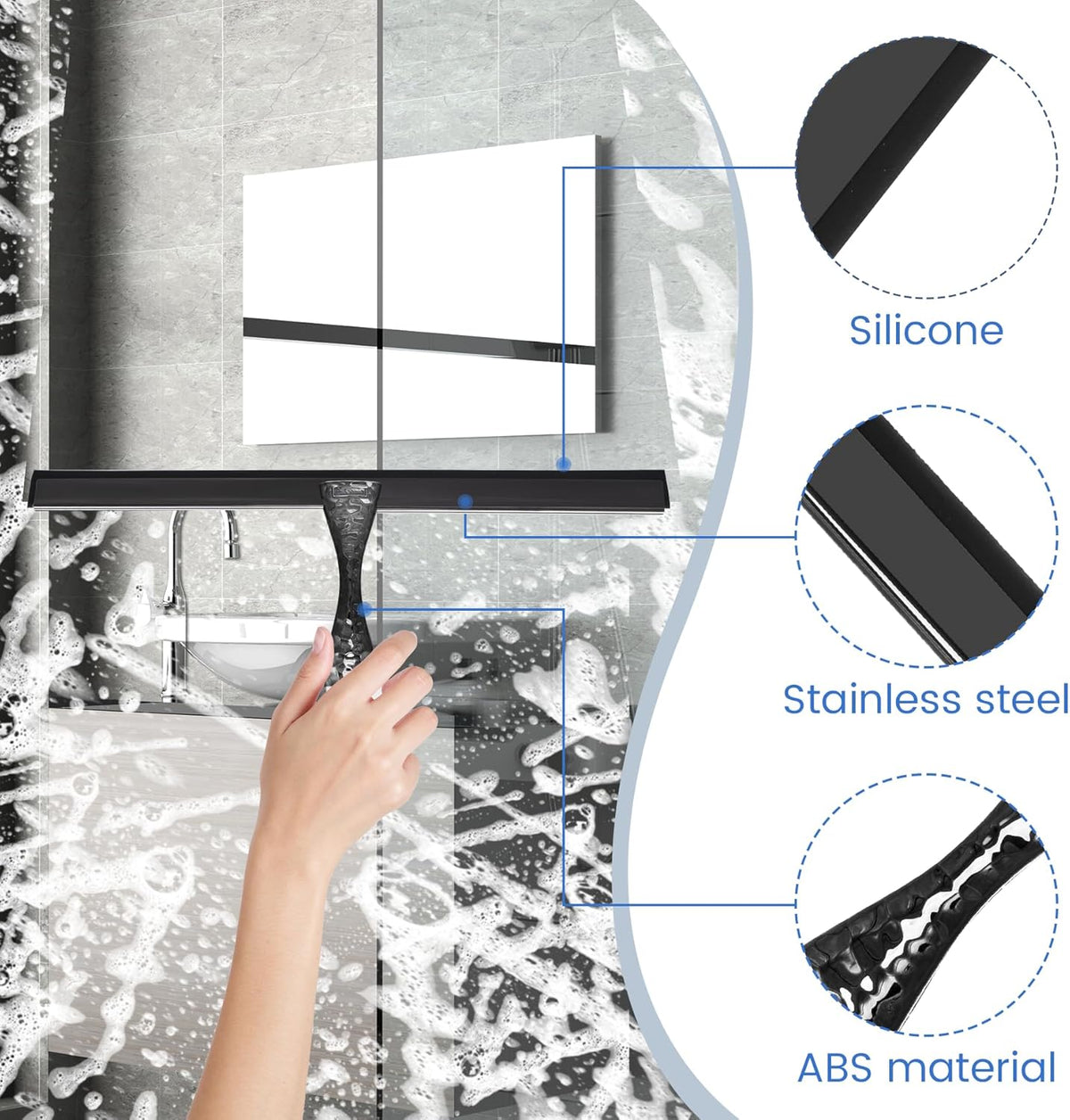 All-Purpose Silicone Shower Squeegee for Shower Glass Door,with 1 Hooks,for Bathroom Glass, Car, Tile Wall, Mirror Cleaning - Flower Shaped Handle for Easy-Grip 10 Inch Black