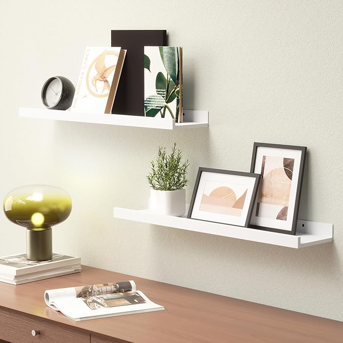 23.6 Inches Long Floating Shelves Wall Mounted, 2 Set Modern White Wall Shelf for Bedroom, Nursery Book Shelf with Lip, Picture Ledge Shelf for Wall Decor Living Room Bathroom Kitchen- White