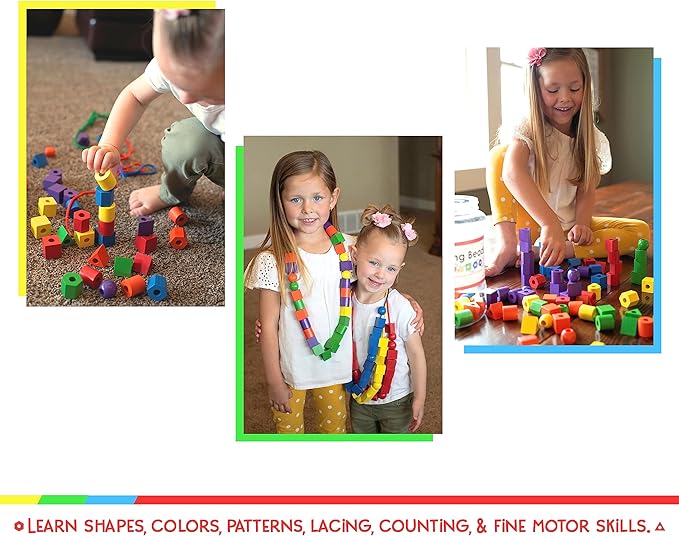 Wooden Lacing Beads for Toddlers 1-3 & 3-5 – 125 PCS with Storage Tub | Stringing Beads for Toddlers 1-3 & Fine Motor Skills Toy for Hand-Eye Coordination & Color Sorting