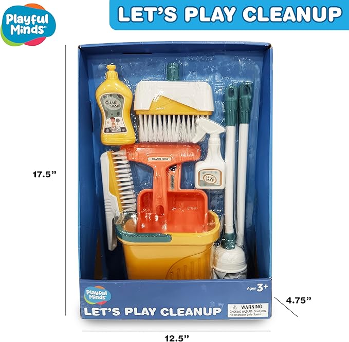 8-Piece Cleaning Playset for Toddlers - Broom, Mop, Pail, Dustpan, Brush, Squeegee, and Pretend Bottles - Perfect for Imaginative Play and Skill Building