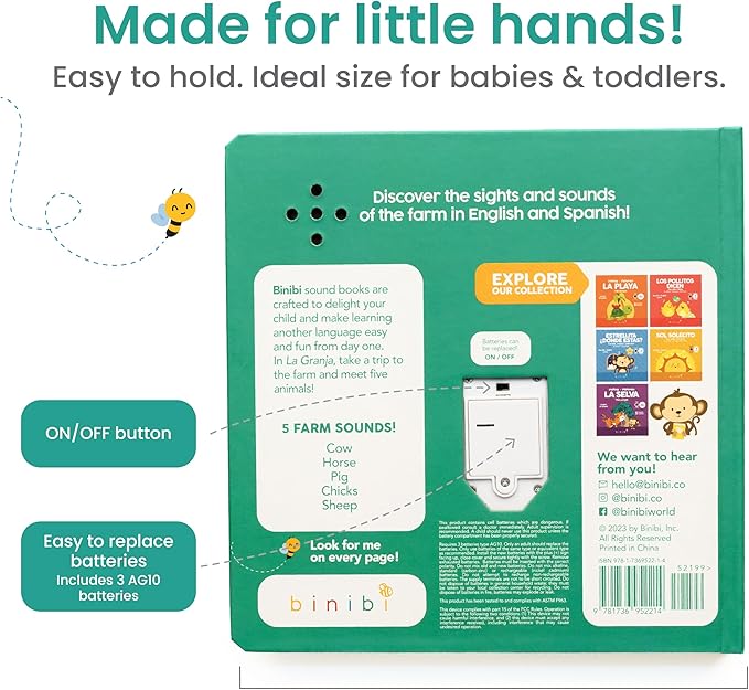 Binibi Spanish Books for Babies & Toddlers 1-3 La Granja Interactive Bilingual Sound Book with Farm Animal Sounds | Bilingual Children's Book | Spanish Learning for Kids | Libro en español para bebés