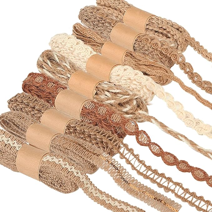 9 Rolls Natural Burlap Lace Ribbon Trim,18 Meters Jute Craft Ribbon for DIY Sewing,Rustic Wedding Decorations,Gift Wrapping&Party Supplies