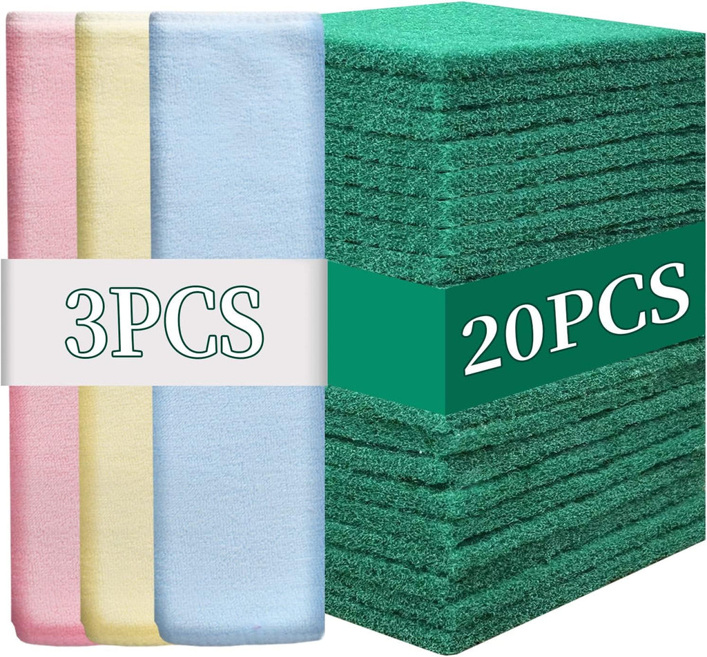 Heavy Duty Scour Pads Sponge Dish Scrubber Non-Scratch Green Reusable Household Scrub Pads for Kitchen and Dish Cleaning Tool (20Pcs Sponge+3Pcs Clean Towel)