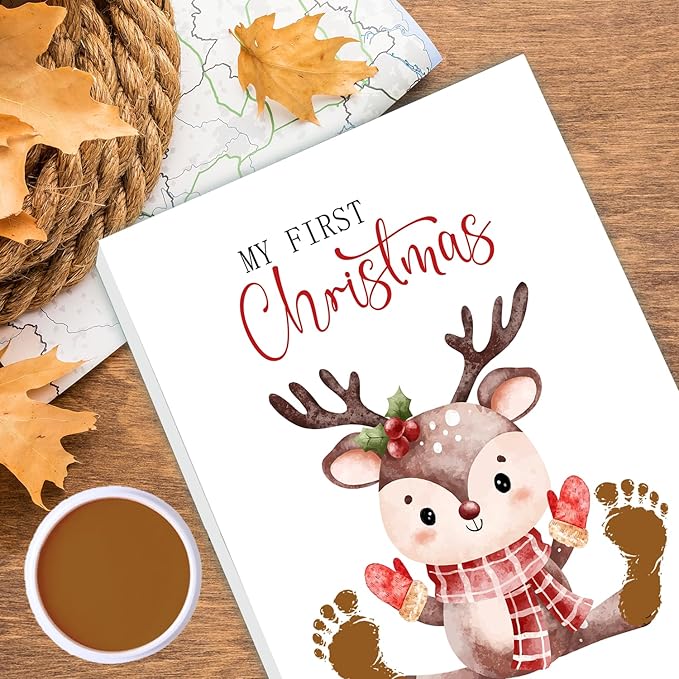 SHLINCO Elk Handprint Keepsake DIY Kit, Baby's First Christmas Keepsake, Winter Decoration, Family Footprint Art for Kids, 7.8x9.8 Inch Canvas, Suitable For Desktop Wall Ornaments