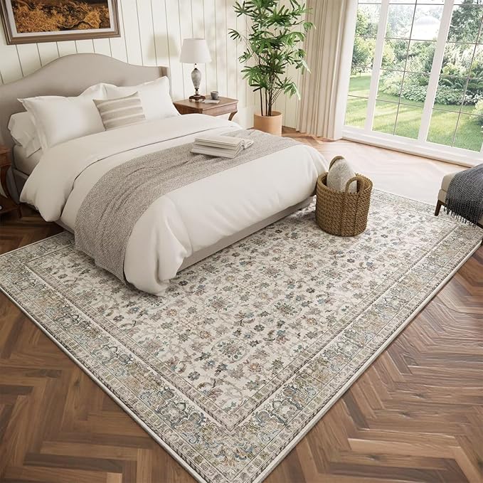 Washable 6x9 Area Rugs for Living Room, Boho Non-Slip Silicone Backing Large Rugs for Bedroom Dining Room Nursery Office, 0.3" Neutral Oriental Throw Carpet with 0.16" Cushioning Pad, Cream/Multi