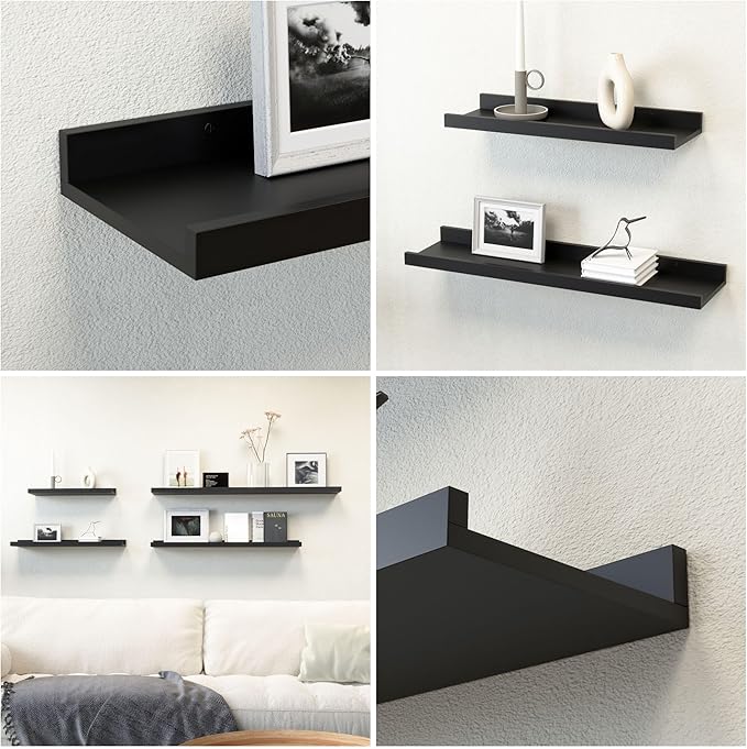 47.2 Inches Long Floating Shelves Wall Mounted, 2 Set Modern Wall Shelf for Bedroom, Nursery Book Shelf with Lip, Picture Ledge Shelf for Wall Decor Living Room Bathroom Kitchen - Black