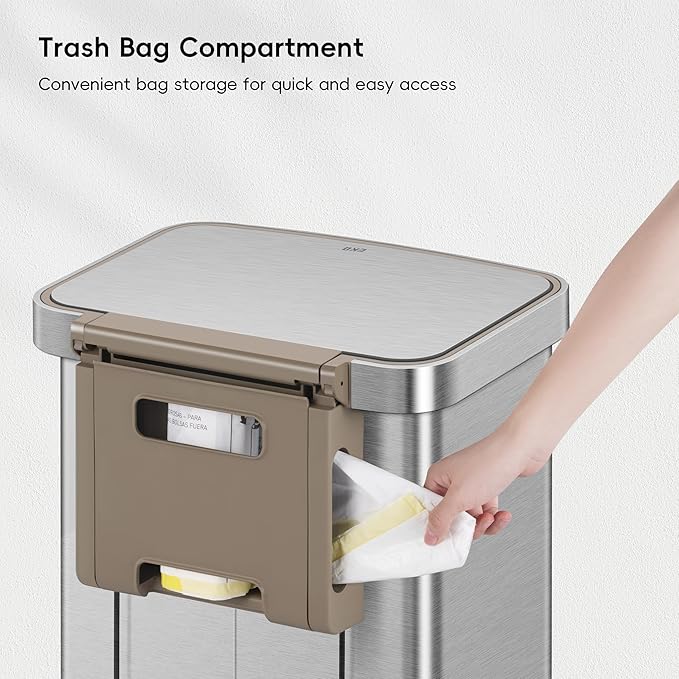 EKO Hudson Matte Stainless 75 Liter/20 Gallon Step Trash Can with Rear Trash Bag Storage Compartment