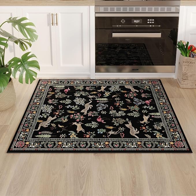 Rugcomf Door Mat Indoor Entrance 2x3 Rug Machine Washable Boho Floral Animal Small Area Rug Non-Slip Low Pile Throw Rugs for Entryway, Kitchen, Front Door Indoor Entrance, Entry, Kids Room (Black)