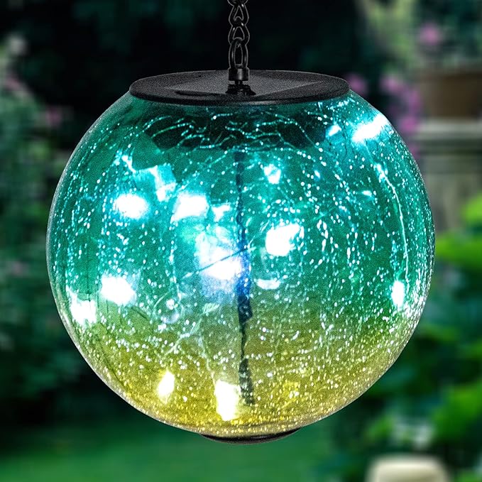 Hanging Solar Lights Outdoor Solar Lanterns Outdoor Decorative Cracked Glass Ball Lights Solar Powered Waterproof LED Globe Lantern for Outdoor Porch Patio Garden Decor Gift Green