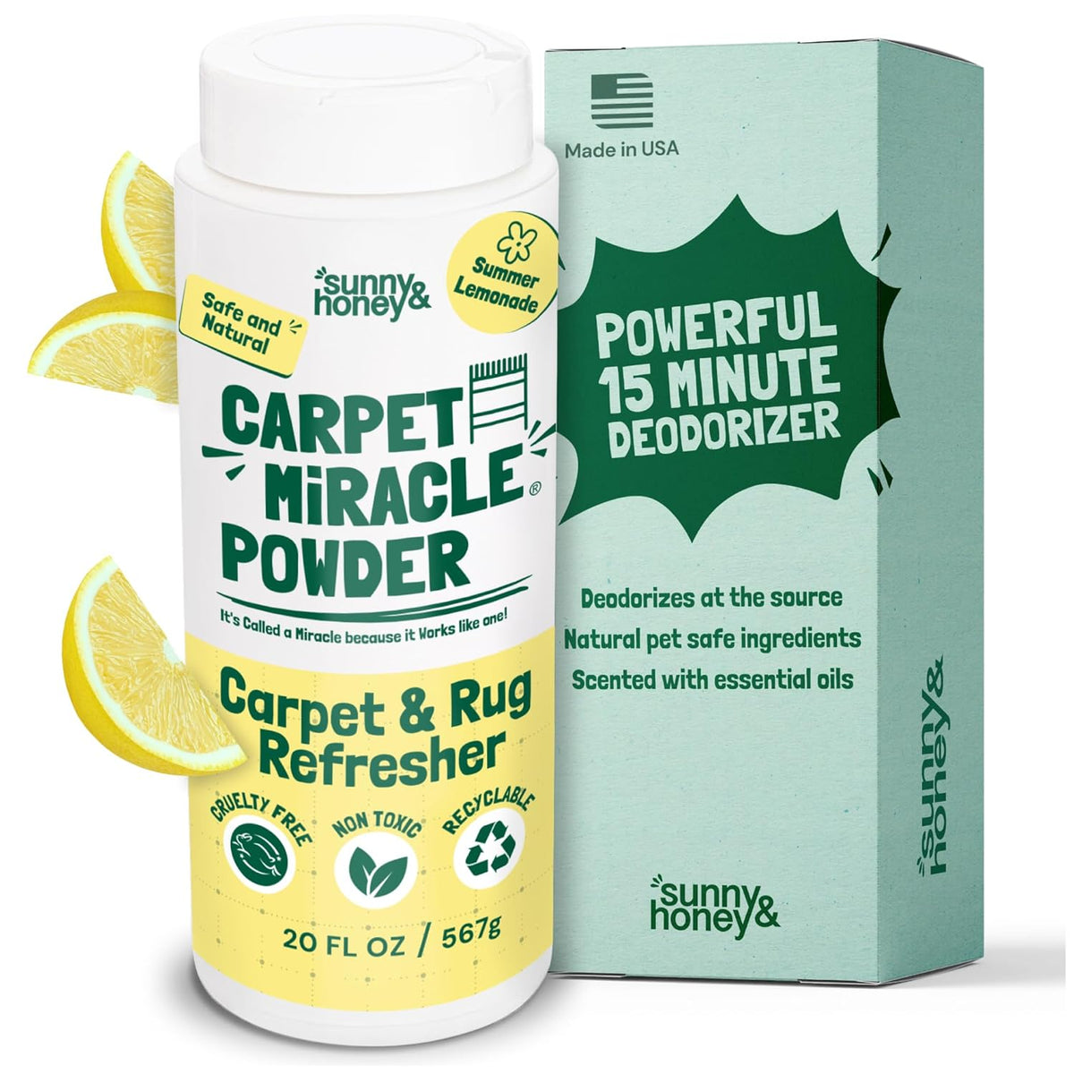 Sunny & Honey Carpet Deodorizer Powder - 20 Oz, Summer Lemonade Scent - Rug Cleaner & Carpet Cleaning Powder for Vacuuming & Upholstery Freshener for Pets & Kids